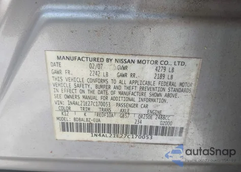 2007 Nissan Altima 2.5 S z USA, uszkodzony, nr VIN 1N4AL21E27C170053